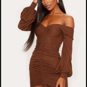 Chocolate Brown Ribbed Bardot Balloon Sleeve Ruched Bodycon Dress